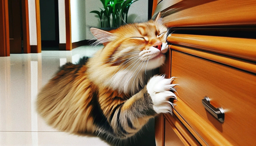 A cat affectionately rubbing its face against a piece of furniture