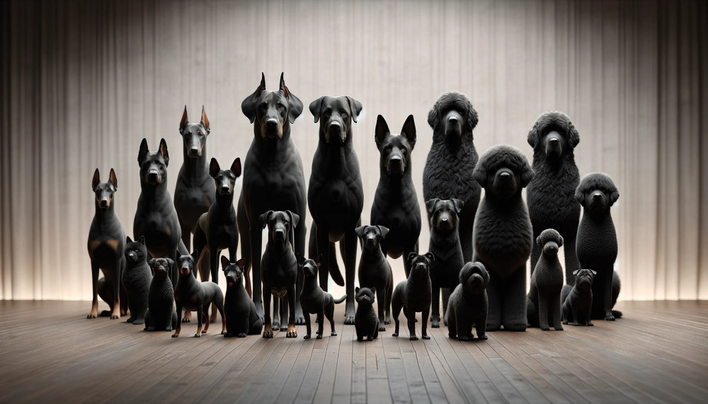 A variety of black dog breeds showcasing their unique features and sizes