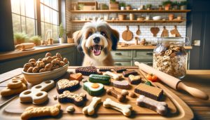 A variety of homemade dog treats displayed on a kitchen counter, showcasing healthy ingredients and a happy pet in the background
