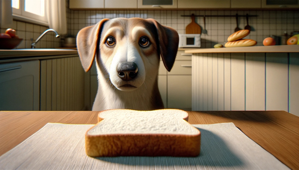A curious dog looking at a slice of white bread, wondering if it can eat it