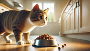 A curious cat sniffing a bowl of dog food in a kitchen.