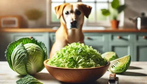 A dog looking at a bowl of fresh, chopped cabbage