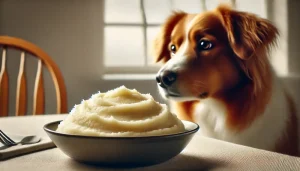Close-up of a dog with a bowl of mashed potatoes, looking curious