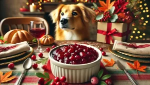 A dog looking at a bowl of cranberry sauce on a festive table