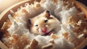 A hamster sleeping snugly in a cozy environment, capturing its cold-weather behavior