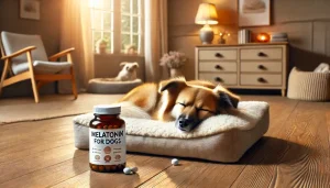 Calming scene featuring a peacefully sleeping dog on a cozy dog bed in a warm, softly lit home environment. A small bottle labeled 'Melatonin for Dogs' is placed nearby, emphasizing safety and relaxation. The background has subtle, soothing home decor, creating a tranquil atmosphere ideal for pet restfulness.